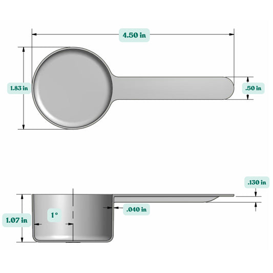 Graphic showing a 39 cc, 2.63 tablespoon, plastic measuring scoop with labeled height and width dimensions.