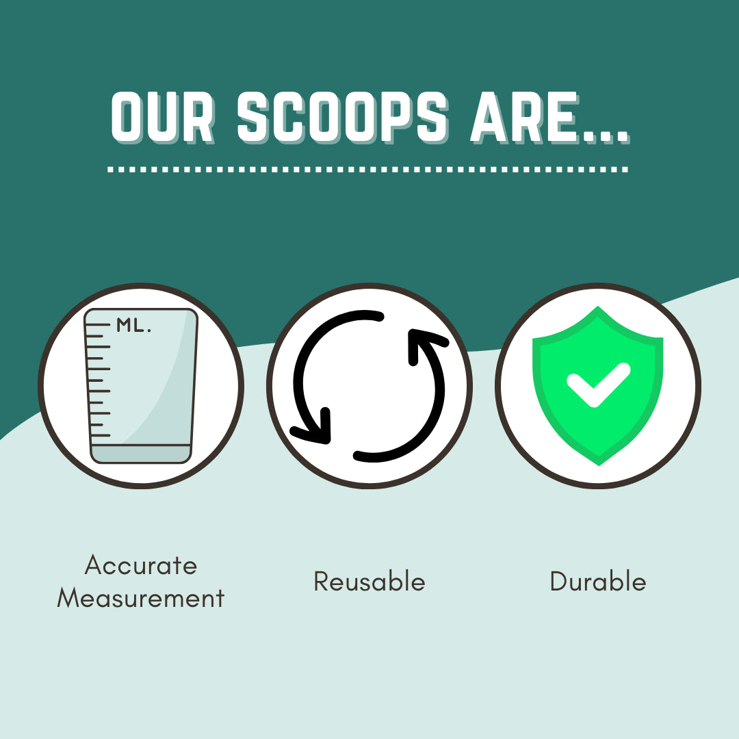 Graphic highlighting that the plastic scoops are accurate for measuring, reusable, and made from durable, long-lasting material.