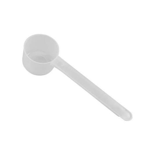 A clear plastic measuring scoop, 4 mL, 1/4 tablespoon, 3/4 teaspoon, used for supplements, protein powder, liquid, or bulk dry ingredients