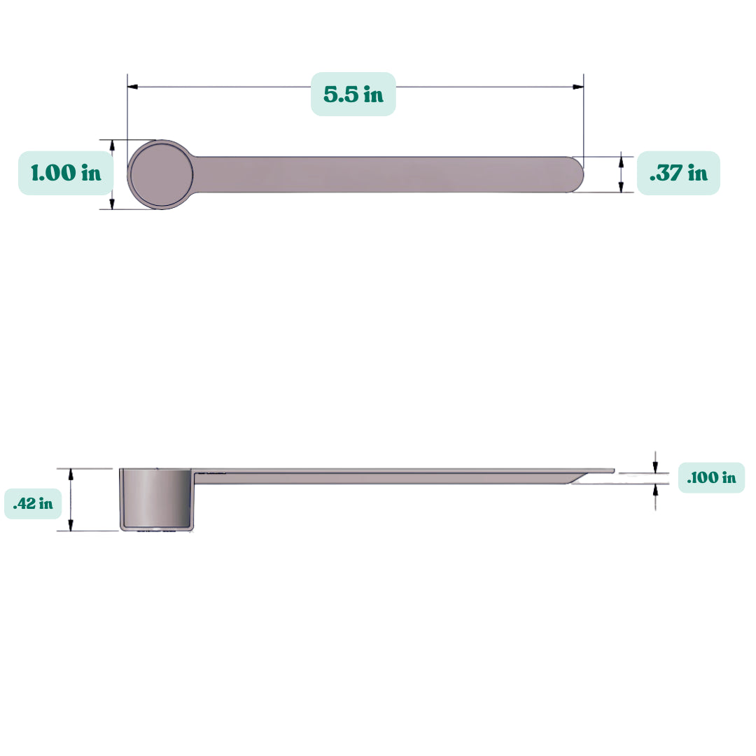 Graphic showing a 4 mL, 1/4 tablespoon, 3/4 teaspoon,  plastic measuring scoop with labeled height and width dimensions.