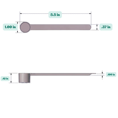 Graphic showing a 4 mL, 1/4 tablespoon, 3/4 teaspoon,  plastic measuring scoop with labeled height and width dimensions.