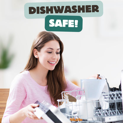 A woman placing a PP plastic measuring scoop into a dishwasher, showing that the scoop is durable and dishwasher safe.