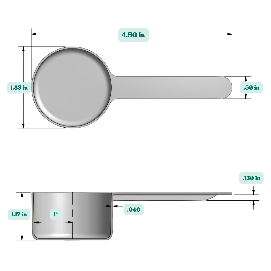 Graphic showing a 1.5 fl oz, (43 cc) plastic measuring scoop with labeled height and width dimensions.