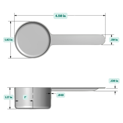 Graphic showing a 1.5 fl oz, (43 cc) plastic measuring scoop with labeled height and width dimensions.