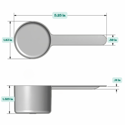 Graphic showing a 1.62 oz (48 cc) plastic measuring scoop with labeled height and width dimensions.