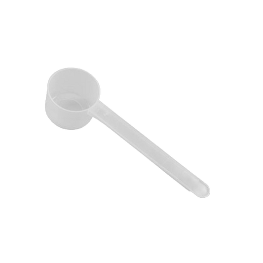 A clear plastic measuring scoop, 1 teaspoon, 5 mL (5 cc), used for supplements, protein powder, liquid, or bulk dry ingredients