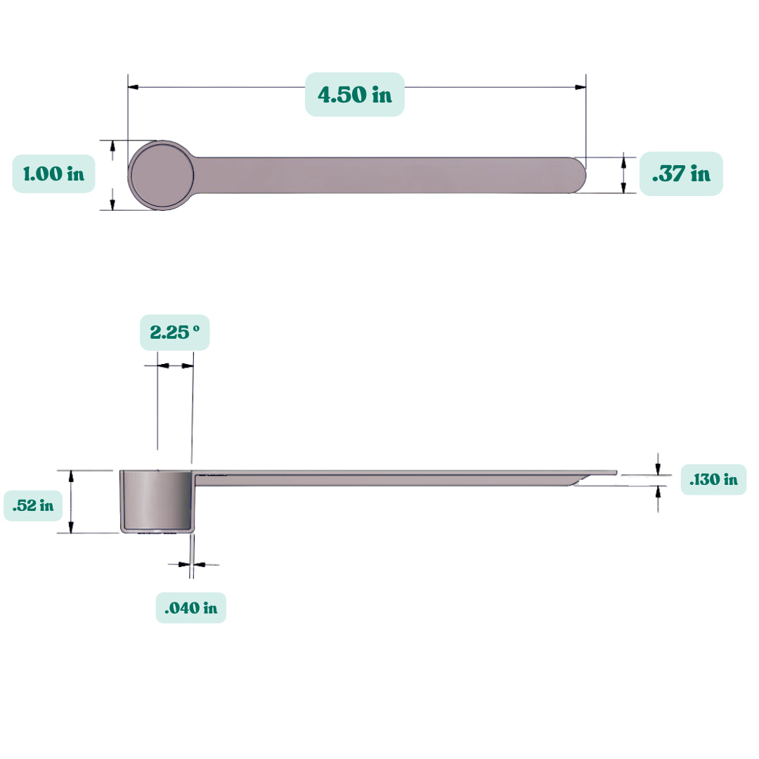 Graphic showing a 1 teaspoon, 5 mL, (5cc) plastic measuring scoop with labeled height and width dimensions.