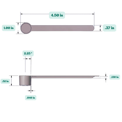 Graphic showing a 1 teaspoon, 5 mL, (5cc) plastic measuring scoop with labeled height and width dimensions.