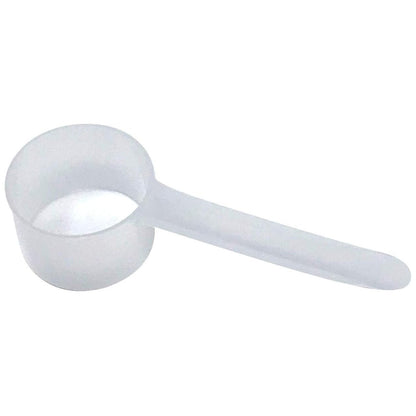 A clear plastic measuring scoop, 1.69 oz (50 cc), used for supplements, protein powder, liquid, or bulk dry ingredients