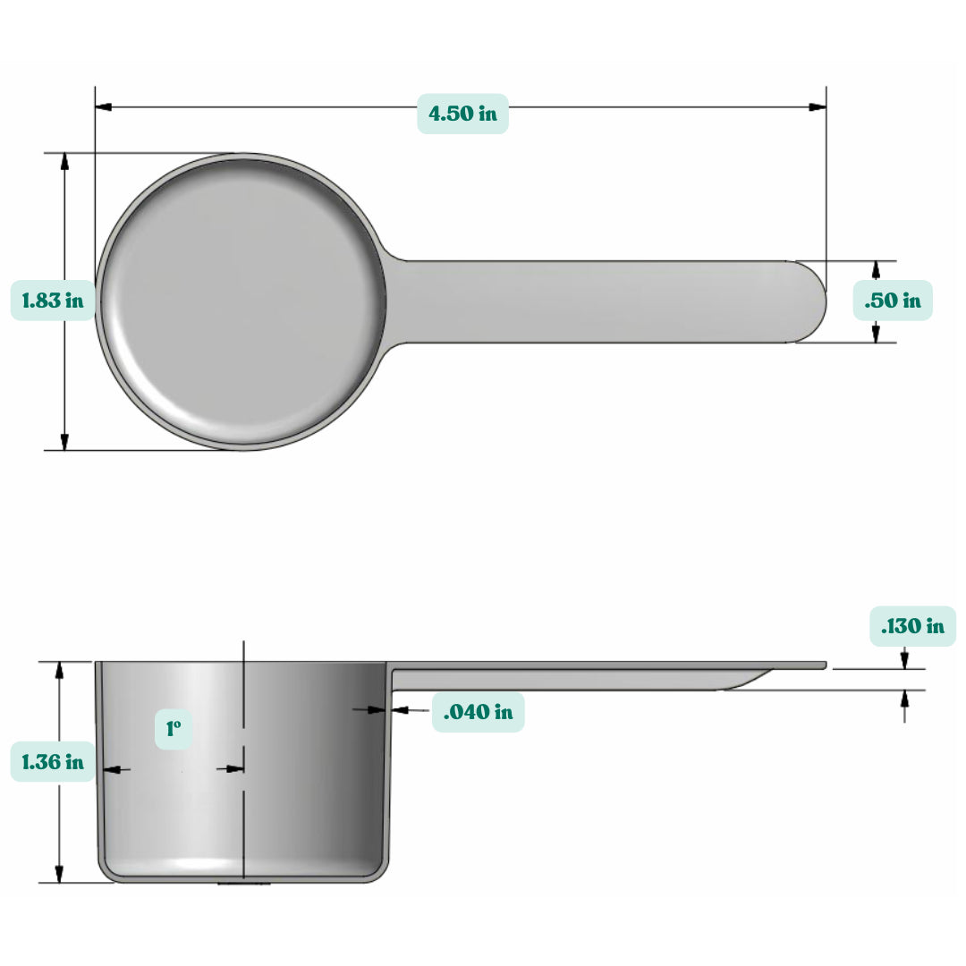 Graphic showing a 1.69 oz (50 cc) plastic measuring scoop with labeled height and width dimensions.