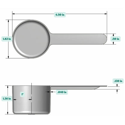 Graphic showing a 1.69 oz (50 cc) plastic measuring scoop with labeled height and width dimensions.
