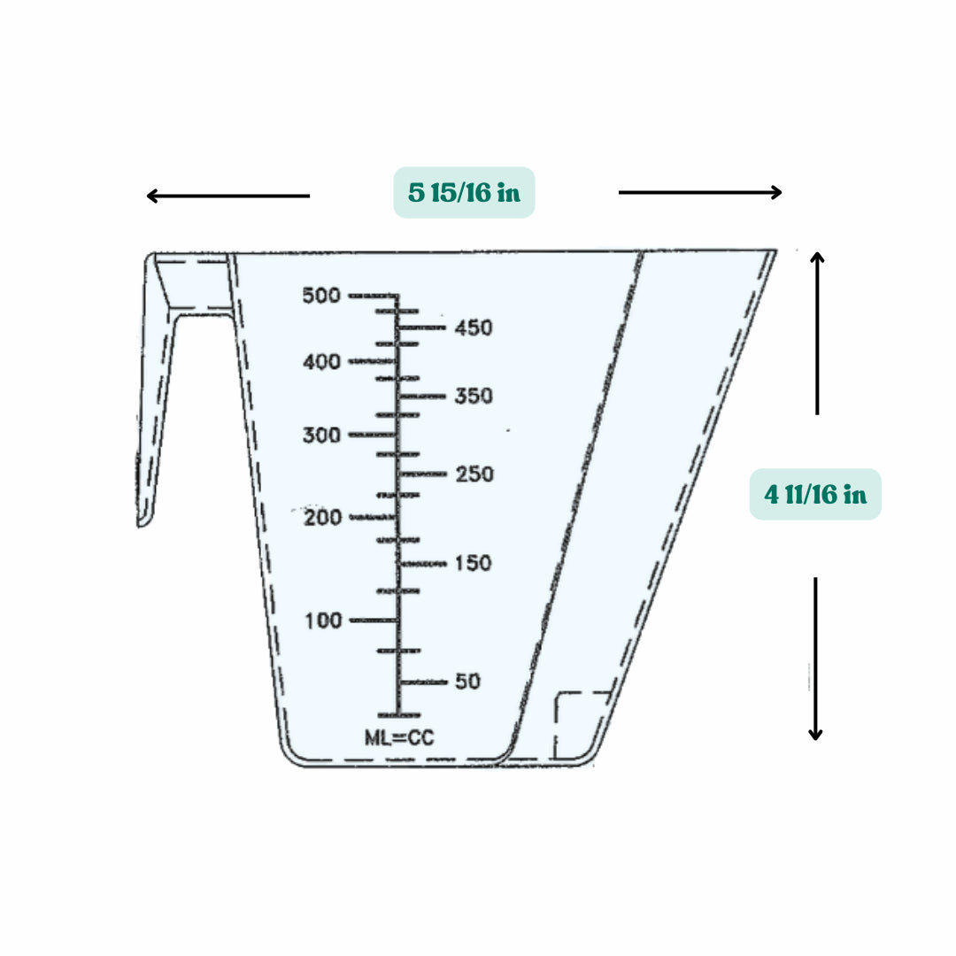 Graphic showing a 16 oz (500 cc) plastic measuring scoop with labeled height and width dimensions.