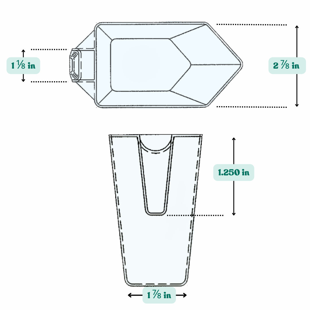 Graphic showing a 16 oz (500 cc) plastic measuring scoop with labeled width and handle length dimensions.