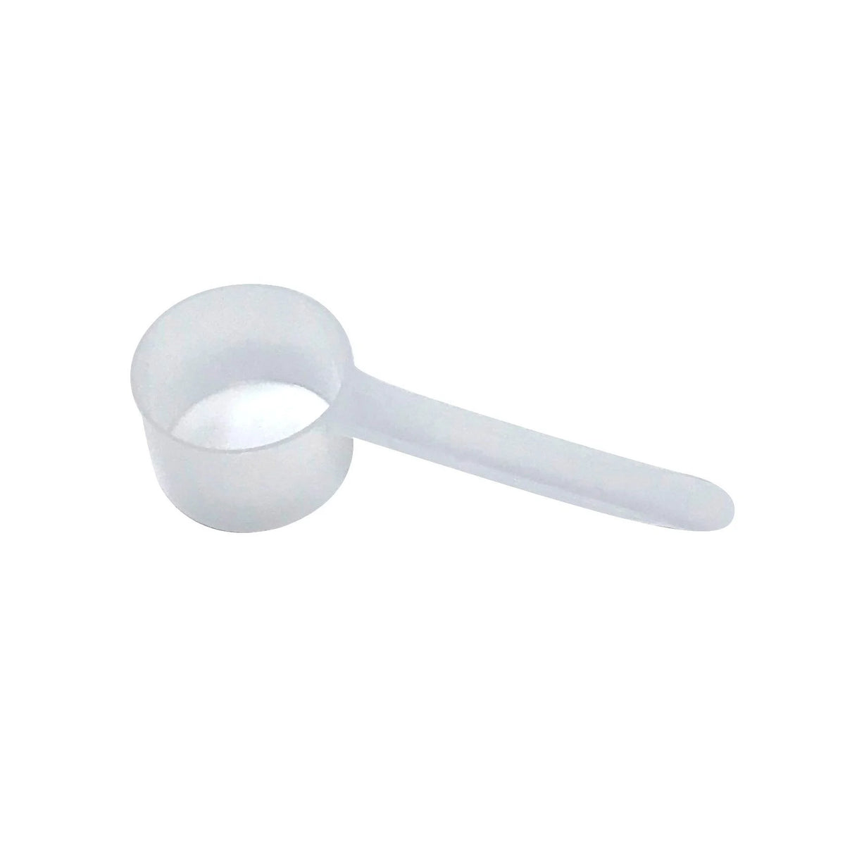 A clear plastic measuring scoop, 53 cc, 1.8 fl oz, 53 mL, used for supplements, protein powder, liquid, or bulk dry ingredients