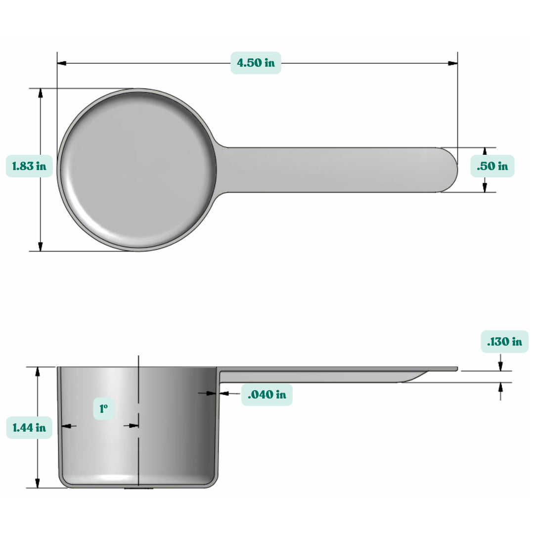 Graphic showing a 53 cc, 1.8 fl oz, 53 mL, plastic measuring scoop with labeled height and width dimensions.