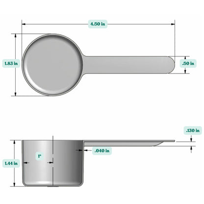 Graphic showing a 53 cc, 1.8 fl oz, 53 mL, plastic measuring scoop with labeled height and width dimensions.