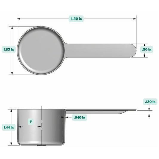 Graphic showing a 53 cc, 1.8 fl oz, 53 mL, plastic measuring scoop with labeled height and width dimensions.