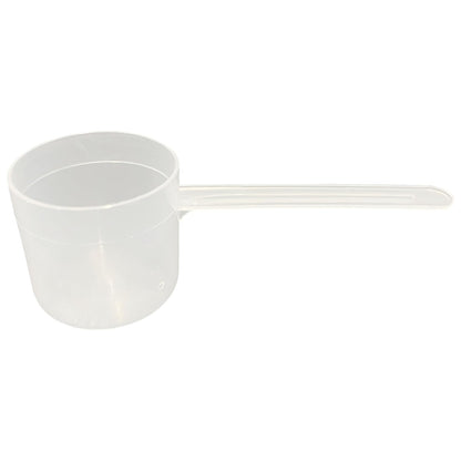 A clear plastic measuring scoop, 1.86 oz (55 cc), used for supplements, protein powder, liquid, or bulk dry ingredients