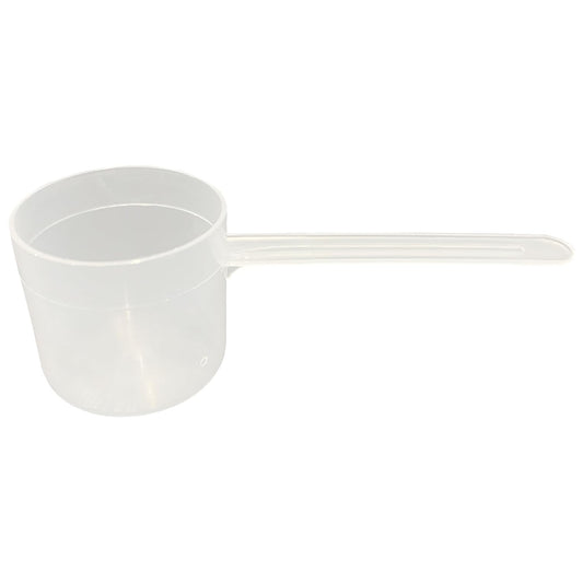 A clear plastic measuring scoop, 1.86 oz (55 cc), used for supplements, protein powder, liquid, or bulk dry ingredients