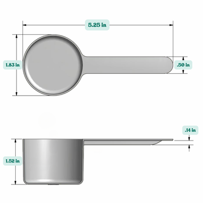 Graphic showing a 1. 86oz (55 cc) plastic measuring scoop with labeled height and width dimensions.