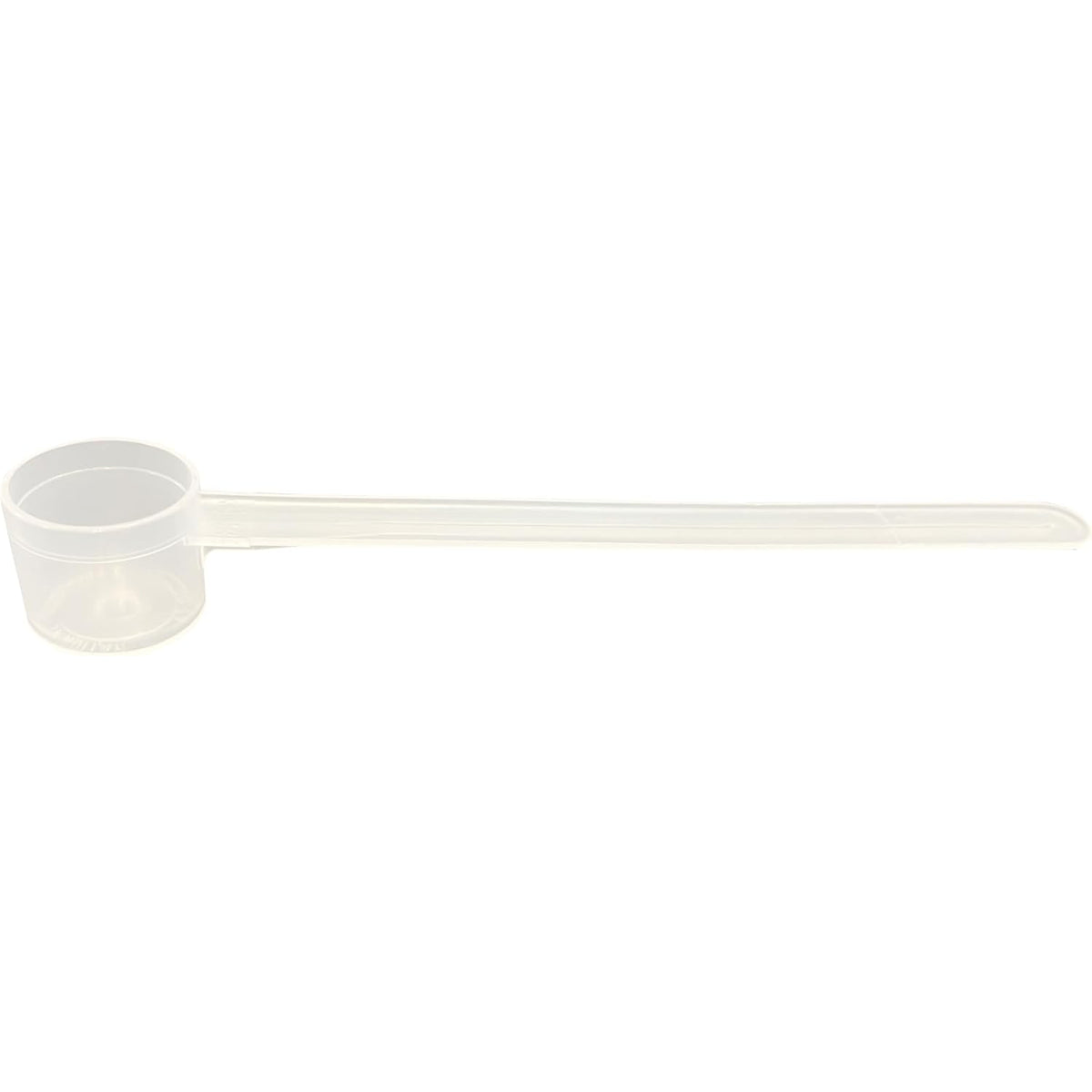 A clear plastic measuring scoop, 6.5 mL (6.5 cc), used for supplements, protein powder, liquid, or bulk dry ingredients