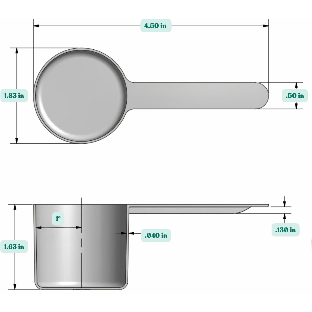 Graphic showing a  1/4 Cup, 4 tablespoon, plastic measuring scoop with labeled height and width dimensions.