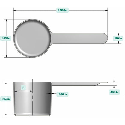 Graphic showing a  1/4 Cup, 4 tablespoon, plastic measuring scoop with labeled height and width dimensions.