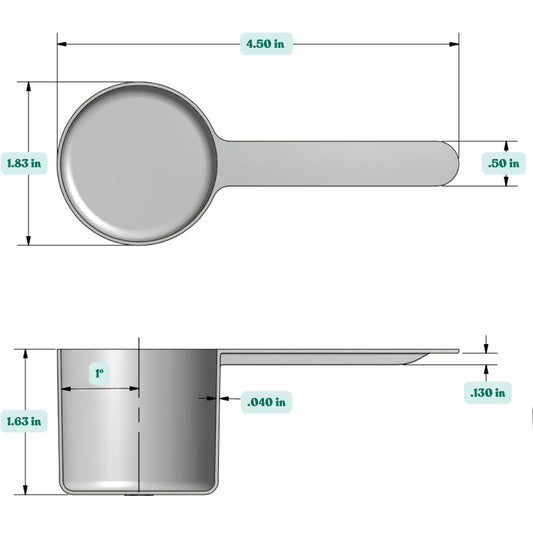 Graphic showing a  1/4 Cup, 4 tablespoon, plastic measuring scoop with labeled height and width dimensions.