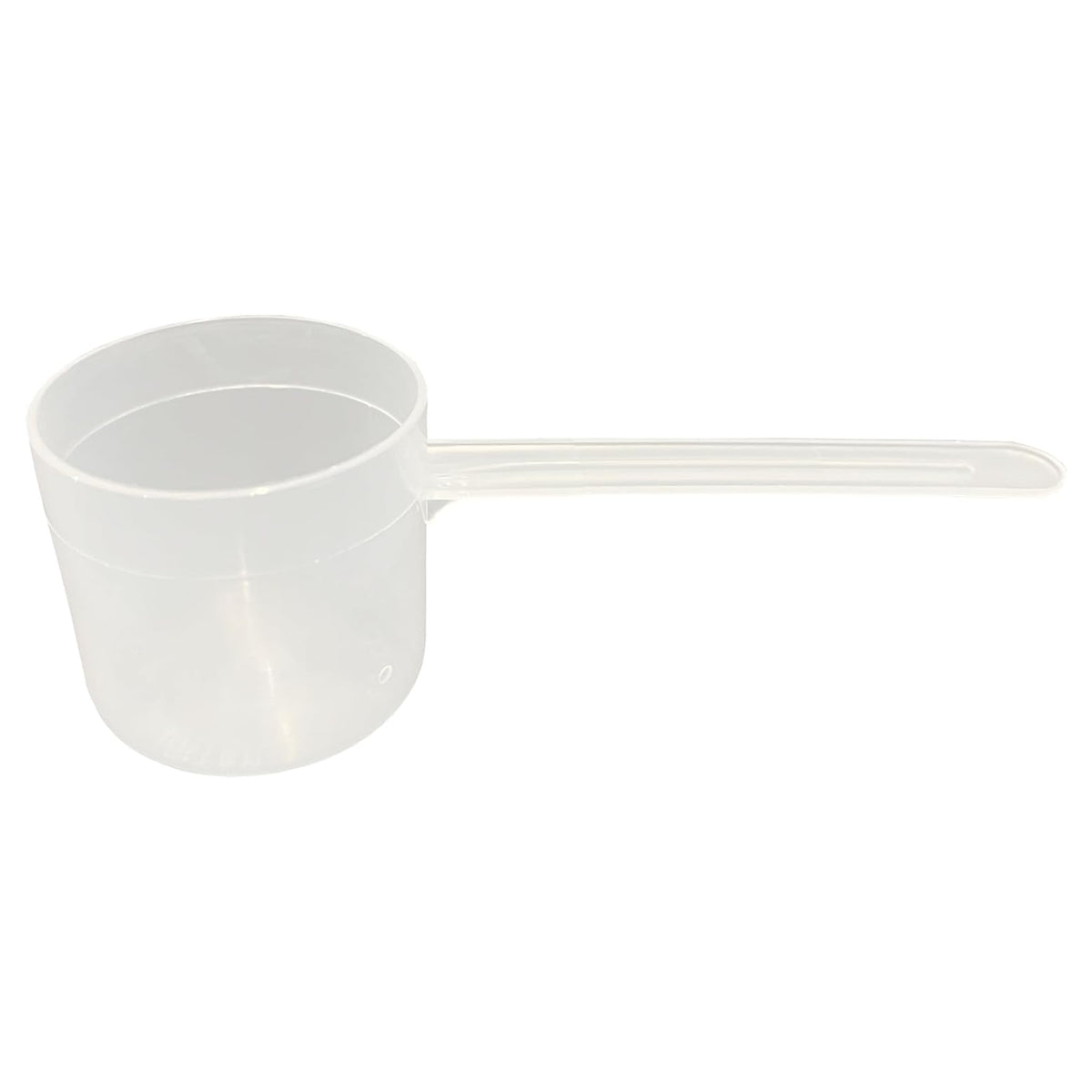 A clear plastic measuring scoop, 2.13 oz (63 cc), used for supplements, protein powder, liquid, or bulk dry ingredients