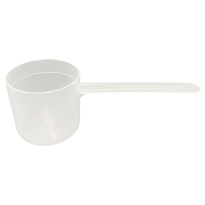 A clear plastic measuring scoop, 2.13 oz (63 cc), used for supplements, protein powder, liquid, or bulk dry ingredients