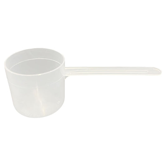 A clear plastic measuring scoop, 2.13 oz (63 cc), used for supplements, protein powder, liquid, or bulk dry ingredients