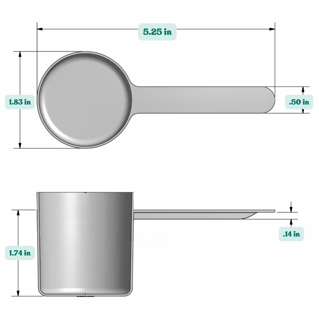Graphic showing a 2.13 oz (63 cc) plastic measuring scoop with labeled height and width dimensions.