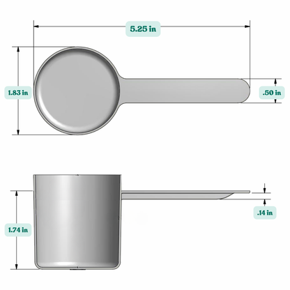 Graphic showing a 2.13 oz (63 cc) plastic measuring scoop with labeled height and width dimensions.