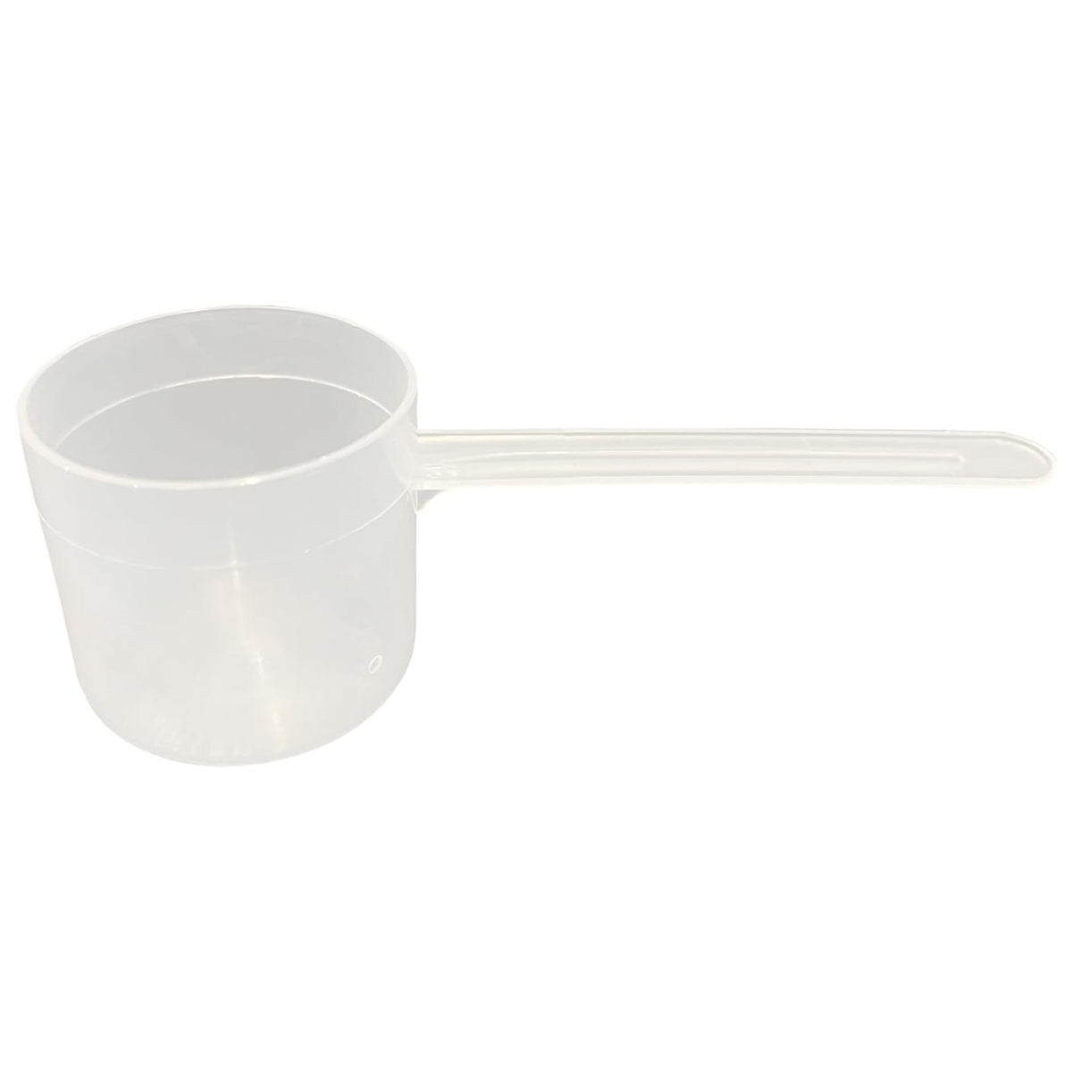 A clear plastic measuring scoop, 2.27 oz (67 cc), used for supplements, protein powder, liquid, or bulk dry ingredients