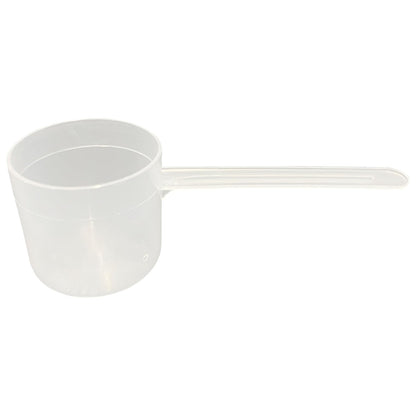 A clear plastic measuring scoop, 2.27 oz (67 cc), used for supplements, protein powder, liquid, or bulk dry ingredients