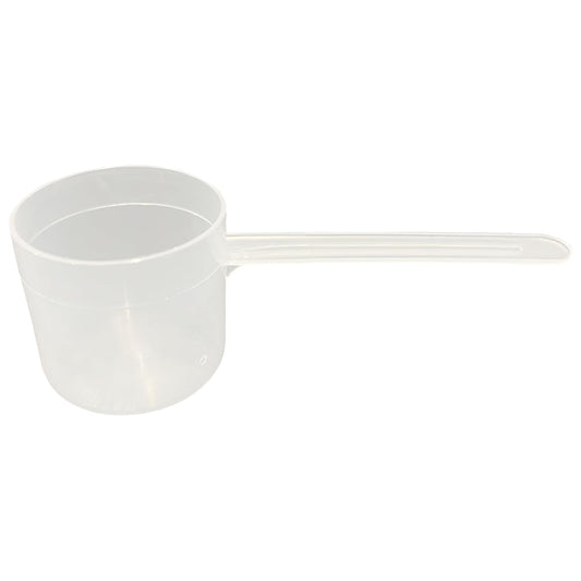 A clear plastic measuring scoop, 2.27 oz (67 cc), used for supplements, protein powder, liquid, or bulk dry ingredients