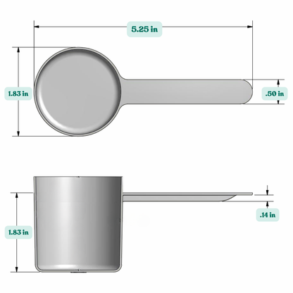 Graphic showing a 2.27 oz (67 cc) plastic measuring scoop with labeled height and width dimensions.