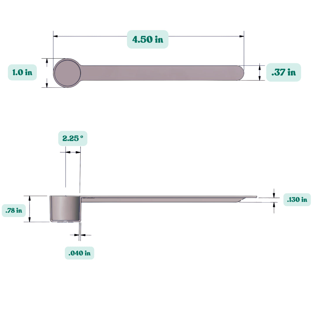 7.5 mL Plastic Measuring Scoop dimensions.