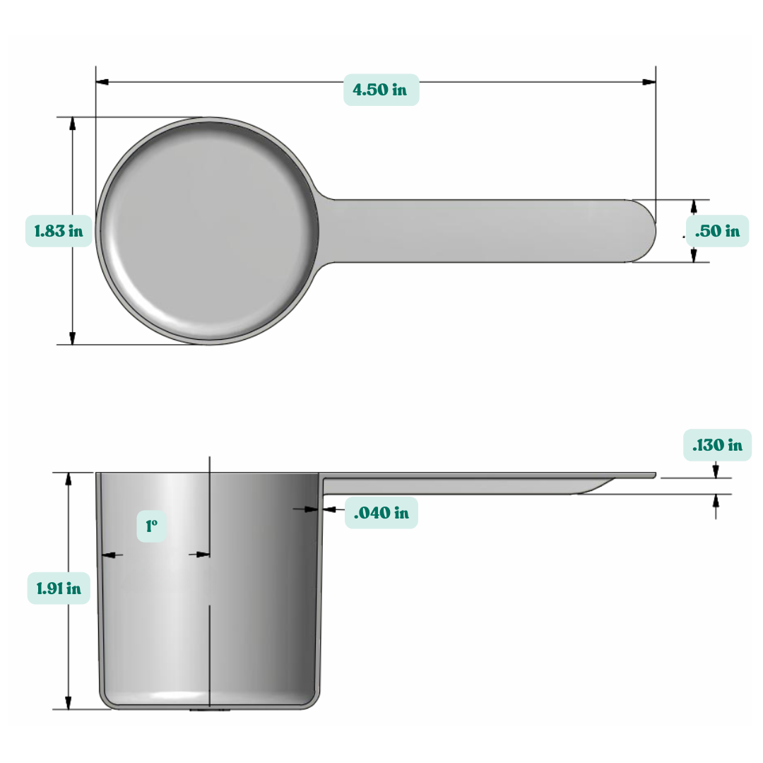 Graphic showing a 70 cc, 4.73 tablespoon, 2.37 fl oz, 70 mL plastic measuring scoop with labeled height and width dimensions.