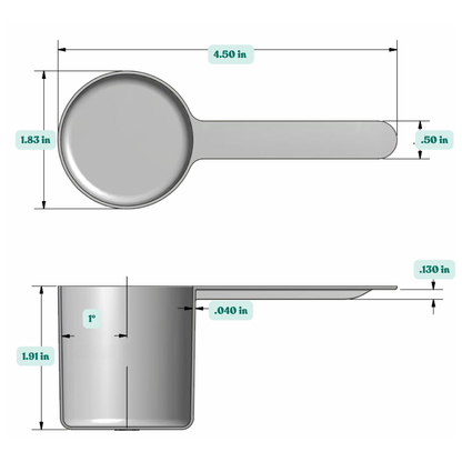 Graphic showing a 70 cc, 4.73 tablespoon, 2.37 fl oz, 70 mL plastic measuring scoop with labeled height and width dimensions.