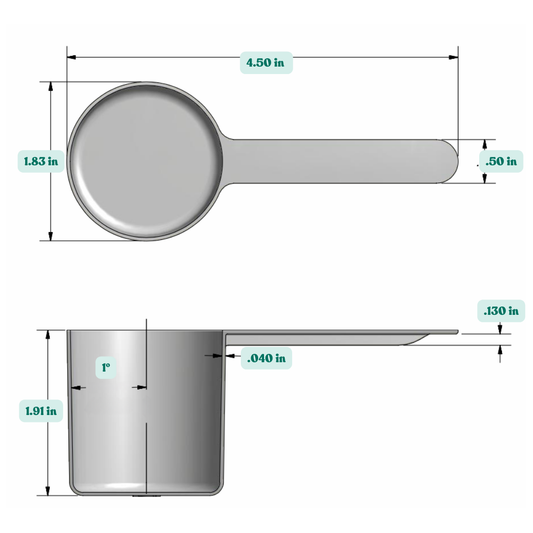 Graphic showing a 70 cc, 4.73 tablespoon, 2.37 fl oz, 70 mL plastic measuring scoop with labeled height and width dimensions.