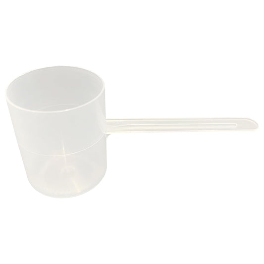 A clear plastic measuring scoop, 2.77 oz (82cc), used for supplements, protein powder, liquid, or bulk dry ingredients