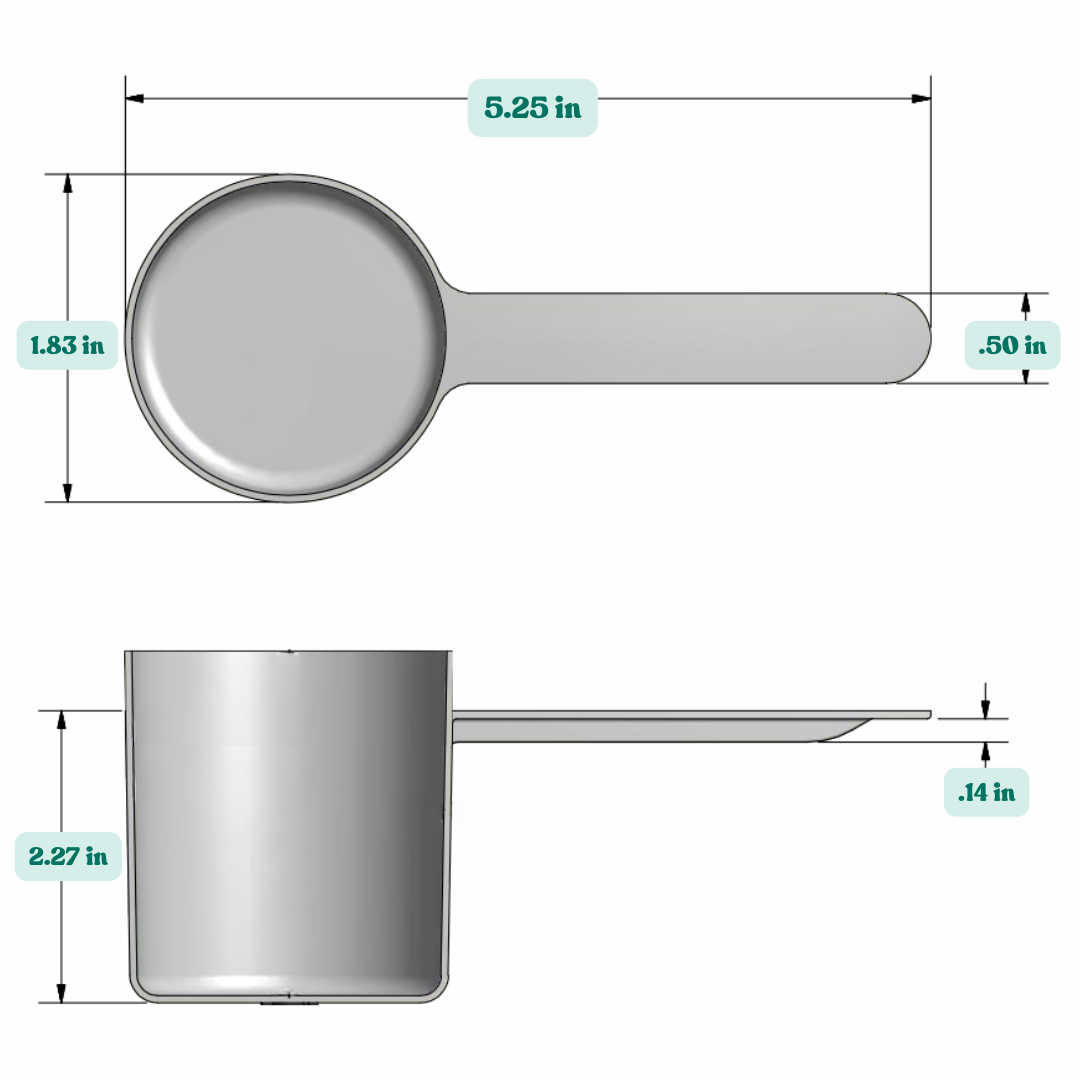 Graphic showing a 2.77 oz oz (82 cc) plastic measuring scoop with labeled height and width dimensions.