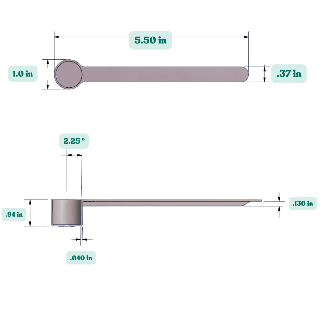 Graphic showing a 9 mL (9 cc) plastic measuring scoop with labeled height and width dimensions.