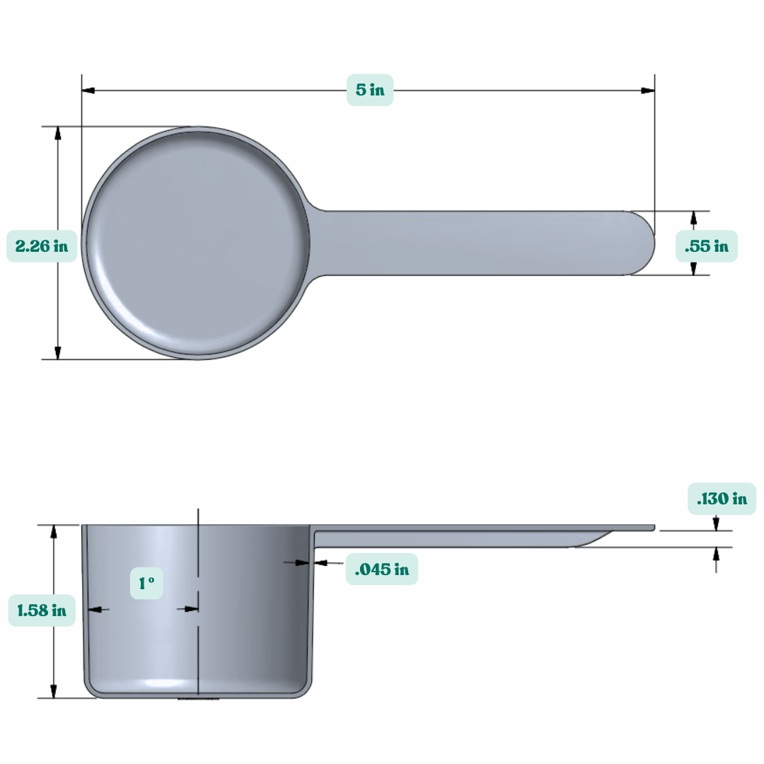 Graphic showing a 90 cc plastic measuring scoop with labeled height and width dimensions.