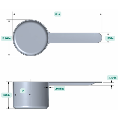 Graphic showing a 90 cc plastic measuring scoop with labeled height and width dimensions.