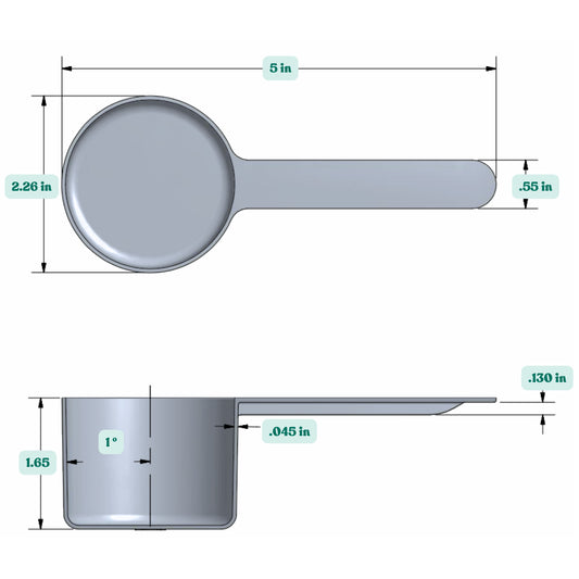 Graphic showing a 3.18 oz (94 cc) plastic measuring scoop with labeled height and width dimensions.