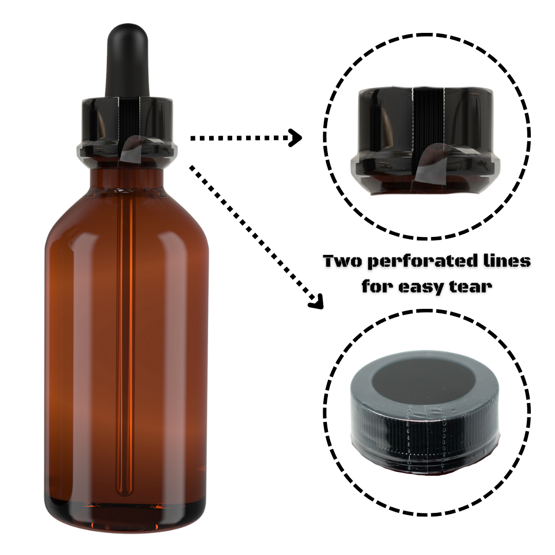 Amber glass dropper bottle with black cap and detailed diagram of cap components on a white background.