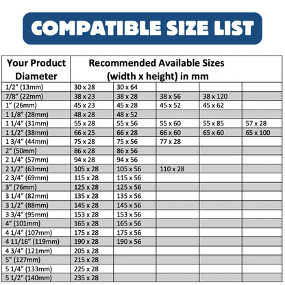 Shrink band size chart matching container diameters to available layflat widths and heights.