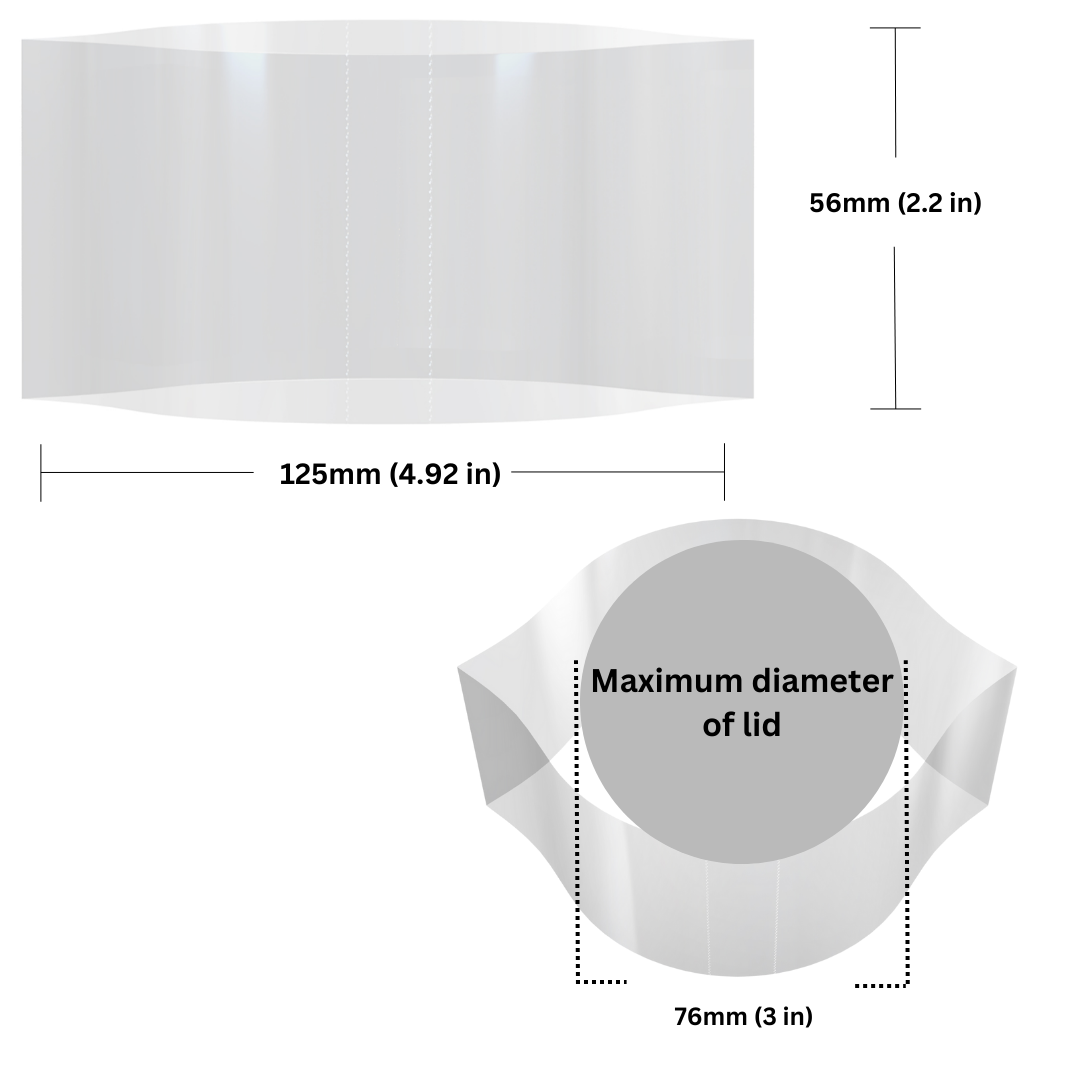 Graphic showing the dimensions of the product, including height, width, and diameter.. Arrows and lines indicate measurement points on the product.